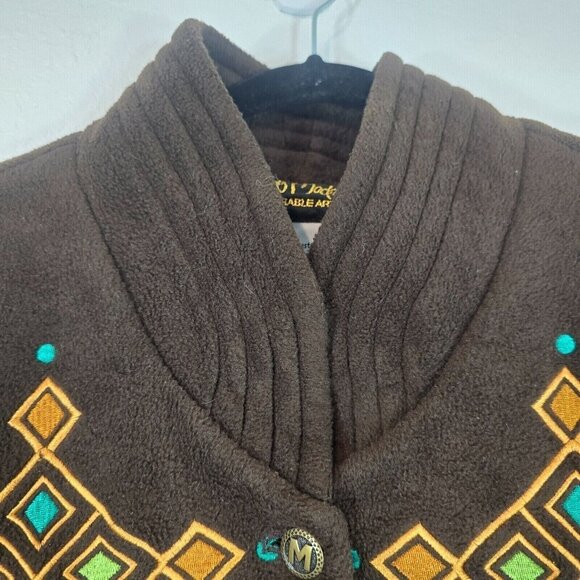 Bob Mackie Wearable Art Fleece Coat Jacket Women 1X Geometric Embroidered Brown - Picture 2 of 10